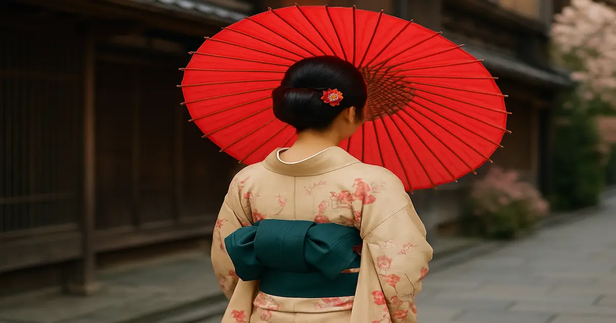 和傘を差した着物姿の女性の後ろ姿