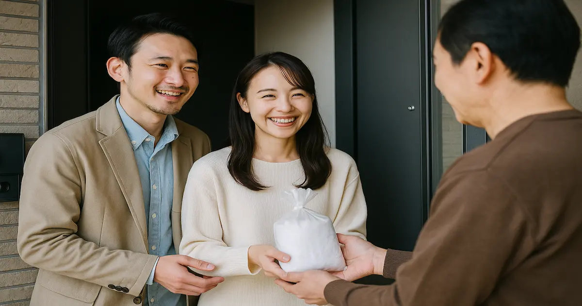 引っ越しの挨拶で粗品を手渡す若い夫婦。丁寧なタイミングでの訪問に好印象を与える場面。非常識と思われないスマートな引っ越し挨拶のイメージ。