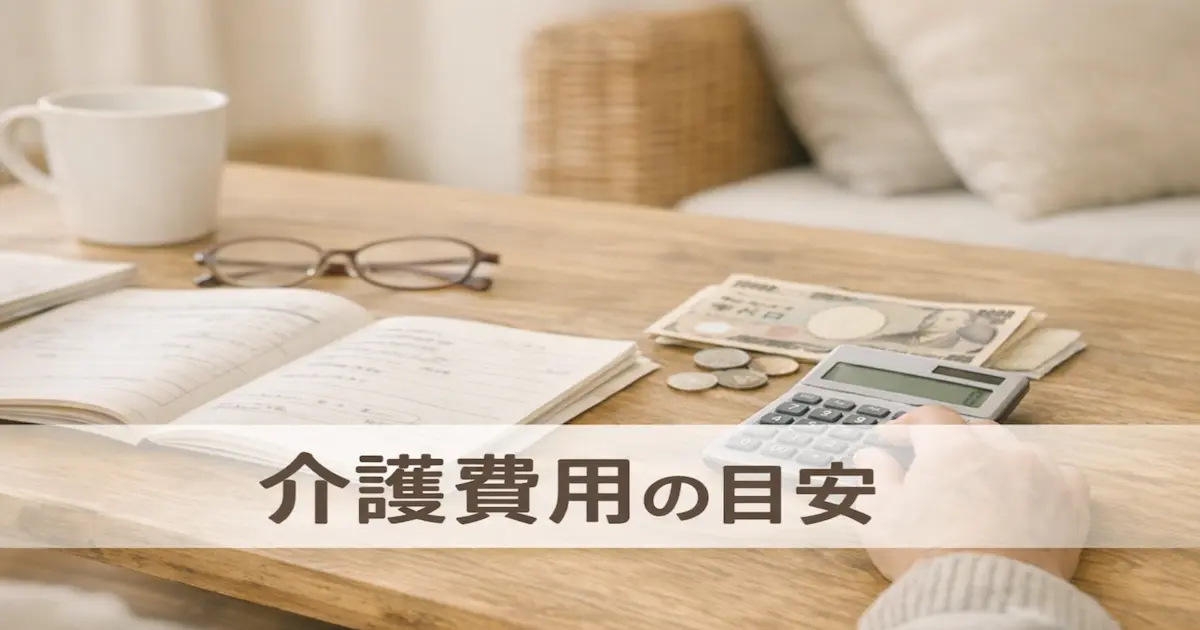 介護費用の目安を考える記事のアイキャッチ画像。実家の食卓やリビングで、書類や家計簿、電卓を見ながら落ち着いて費用を整理しているやわらかな生活風景