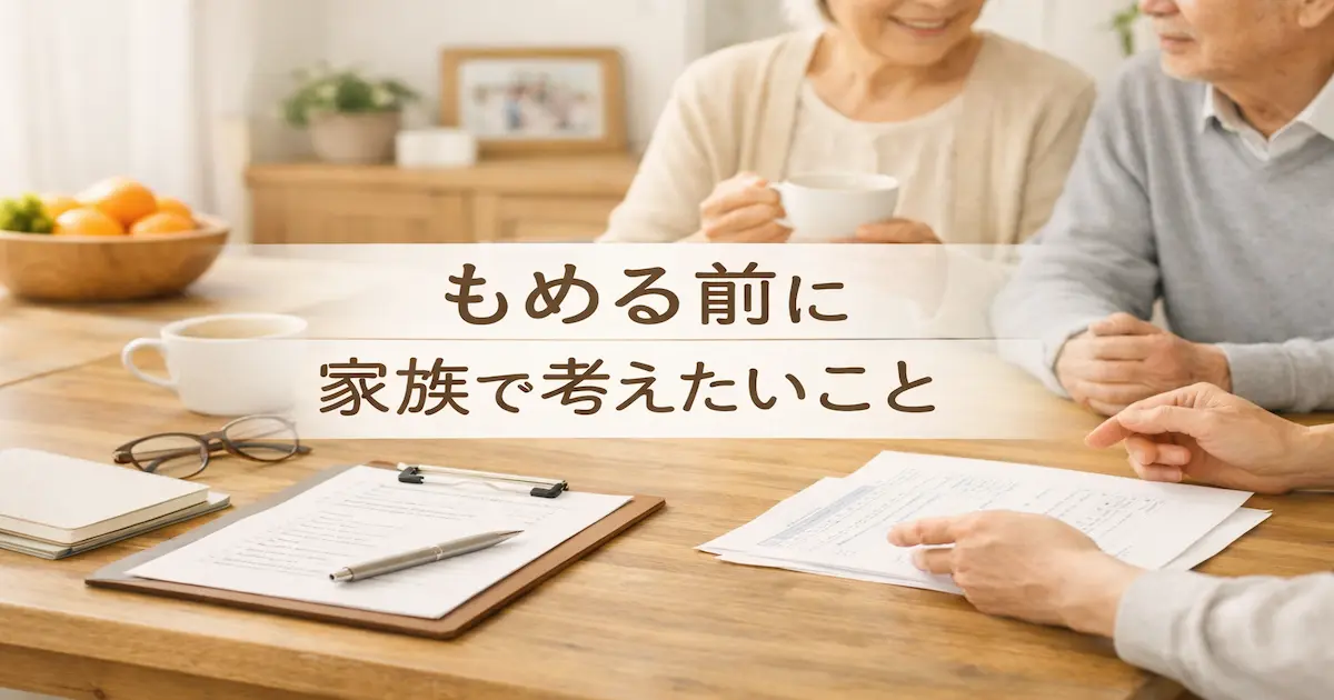 親の老後や家族の役割分担について、書類を囲みながら落ち着いて話し合う家族の様子を表したアイキャッチ画像