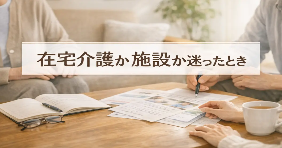 在宅介護を続けるか施設を考えるかについて、家族が書類を見ながら落ち着いて話し合っている様子のアイキャッチ画像