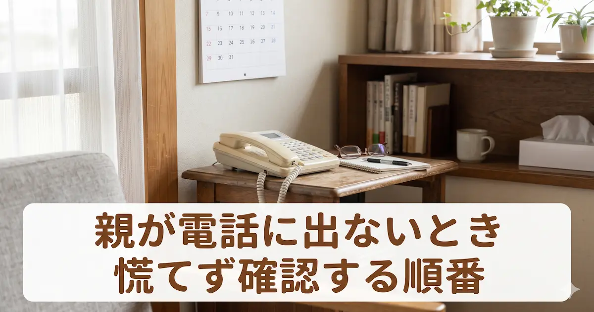 高齢の実家にある固定電話と、その傍らにある眼鏡、ペン、メモ帳。窓から自然光が差し込む、穏やかで落ち着いた和室の風景。
