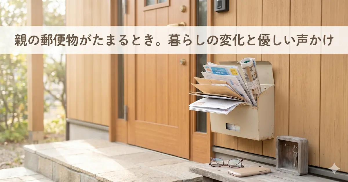 実家の玄関ドアの外側にある、新聞や郵便物で溢れかえった郵便受けと、その傍らに置かれた老眼鏡。高齢の親の暮らしの変化と優しい声かけをテーマにした、屋外から撮影したアイキャッチ画像。
