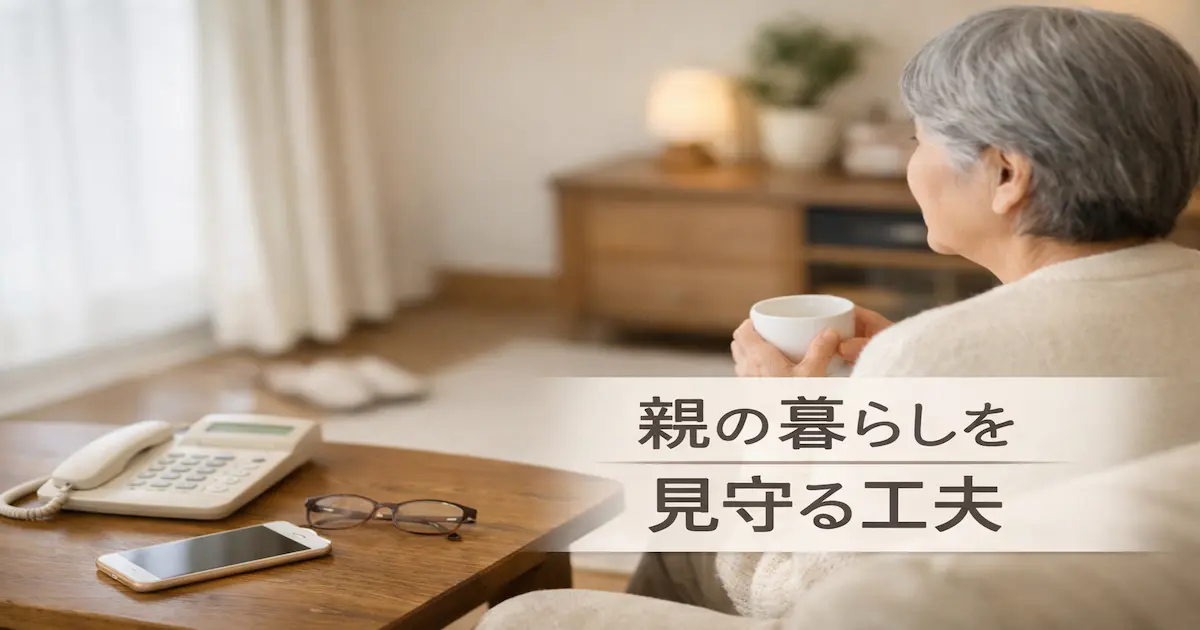 高齢の親が自宅で過ごす様子をやさしく見守る暮らしの場面（電話やスマホのあるリビングでくつろぐ親世代）