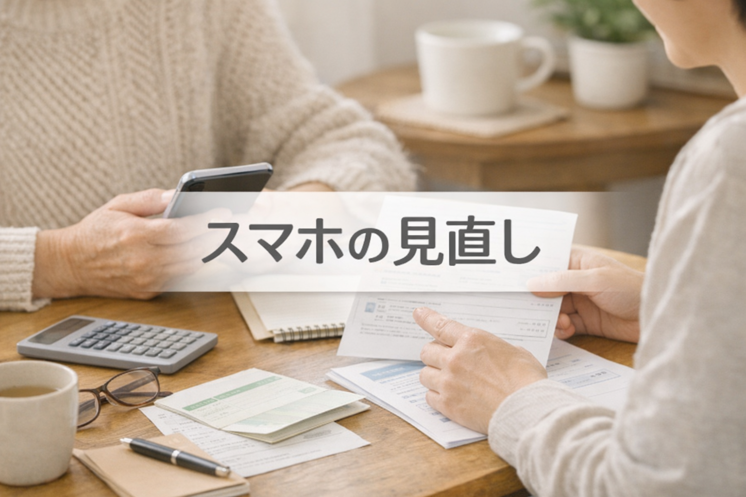 親子でスマホの料金や契約内容を確認しながら見直しをしている手元の様子